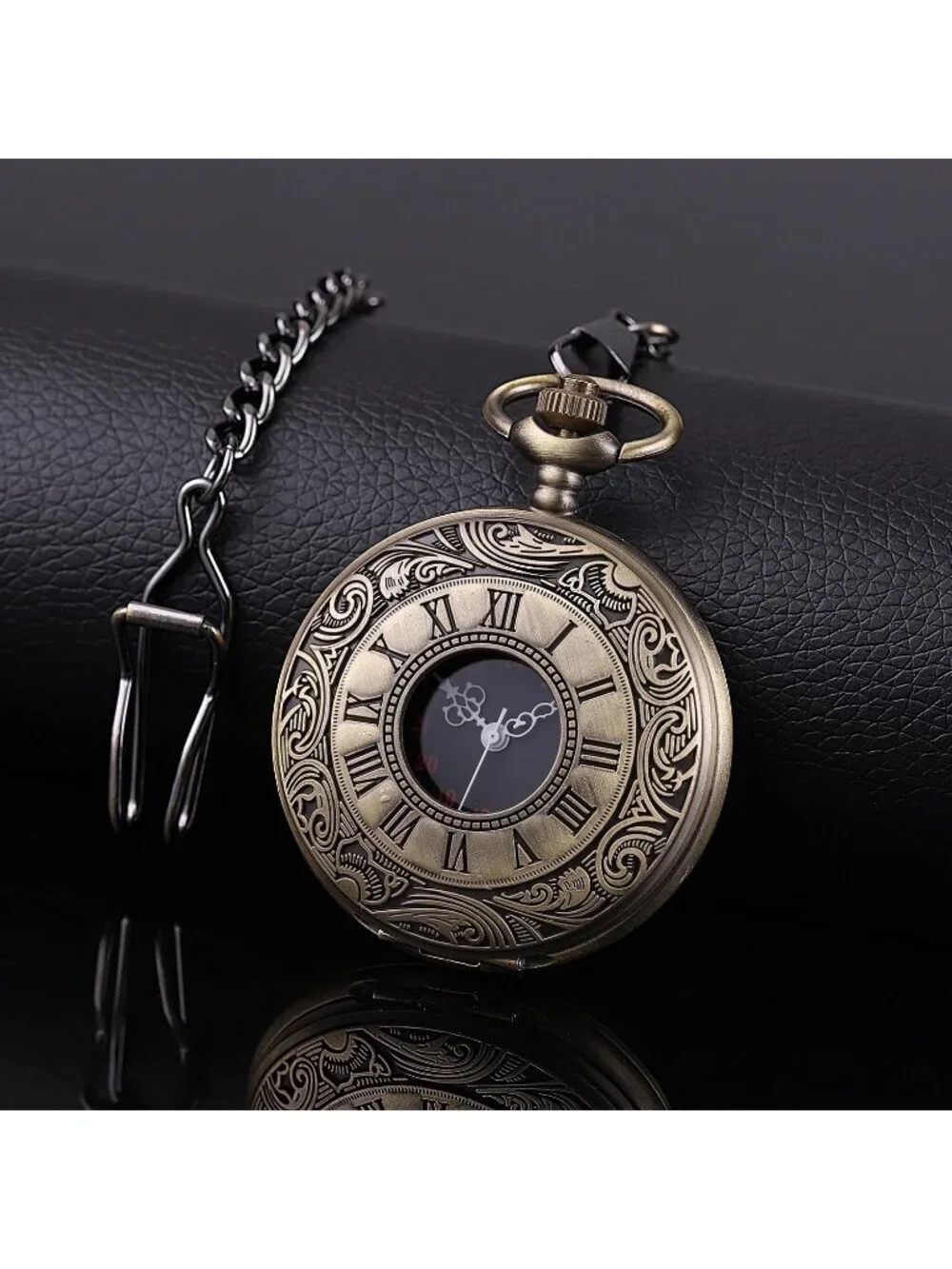 Men Bronze Quartz Engraved Wave Pattern Arabic Numerals Round Chain Pocket Watch